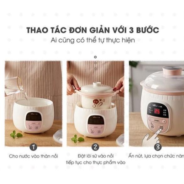 Nồi nấu cháo chậm cho bé ăn dặm Bear SUBE001 ( có lồng hấp), Nồi hầm cháo chậm , ninh, ủ chào, chưng yến - Hàng chính hãng