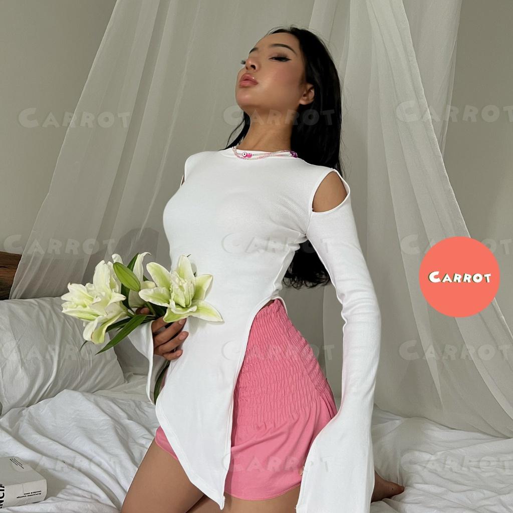 Croptop ôm tay dài trắng áo body nhúm chân váy tôn dáng trendy thời trang nữ carrotxinhdep