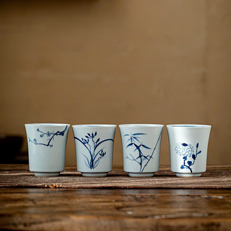 CHÉN UỐNG TRÀ SỨ CẢNH ĐỨC - HỌA TIẾT TỨ QUÝ VẼ TAY - 100ML - CHÉN TRÀ CAO CẤP - VIỆT LONG TRÀ