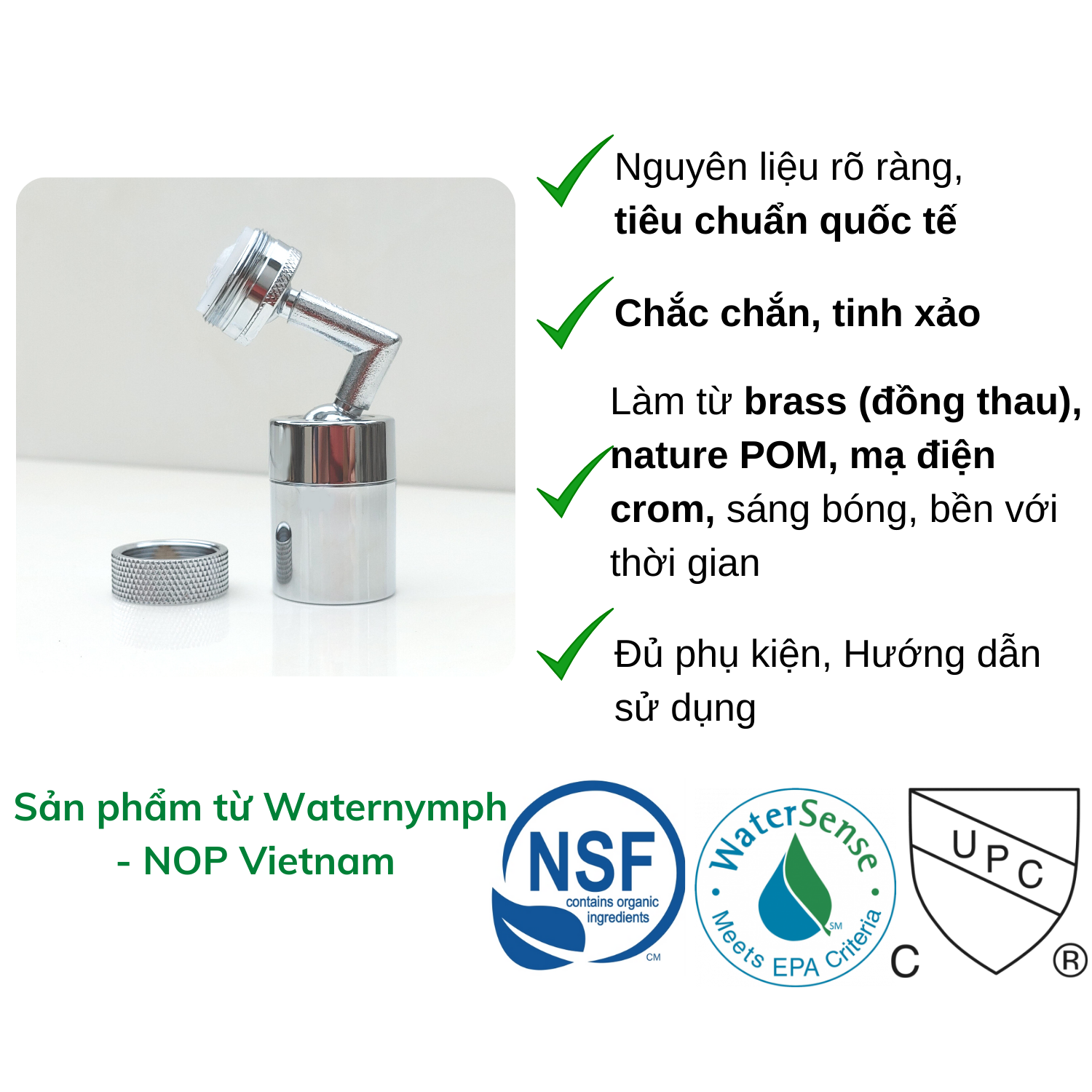 Đầu vòi nước xoay 720 độ, tiện ích, tăng áp, tạo bọt, hai chế độ tiết kiệm nước, đạt tiêu chuẩn NSF - WHO