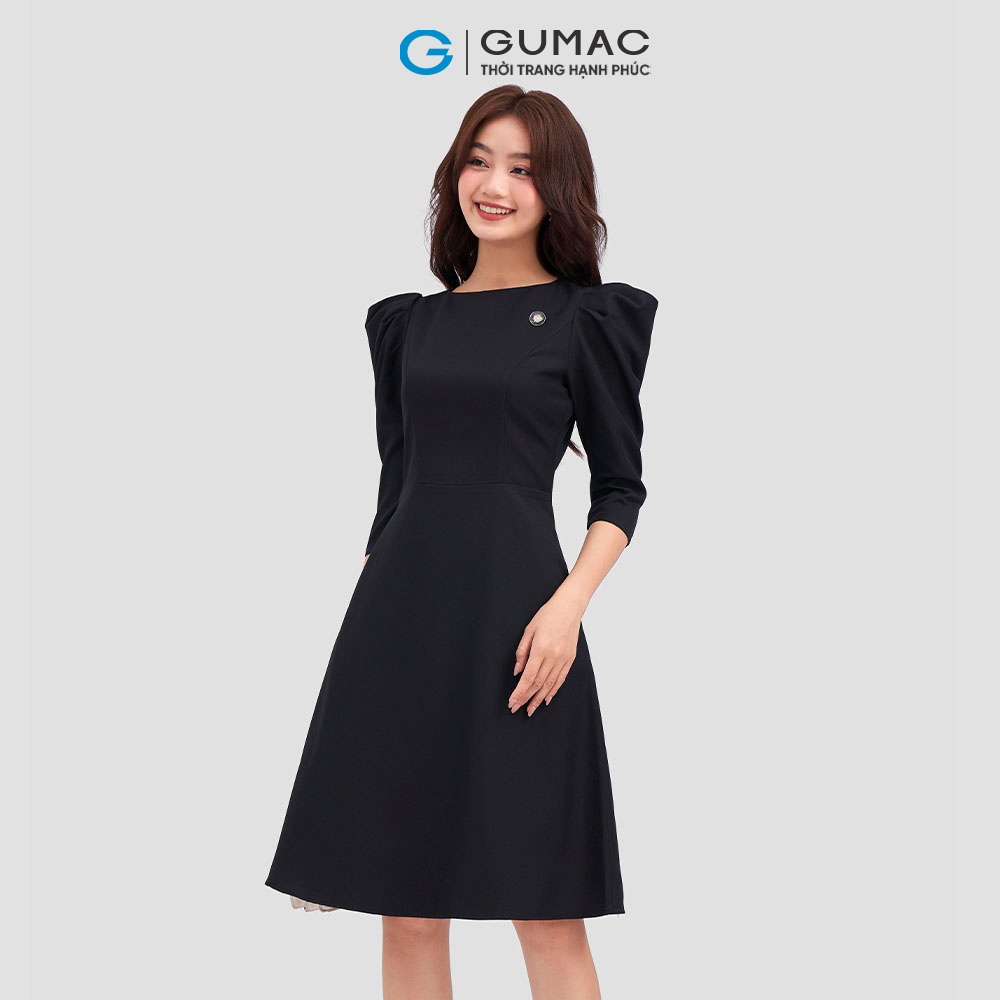 Đầm xòe GUMAC DC12008 cổ thuyền tay nhún sang trọng