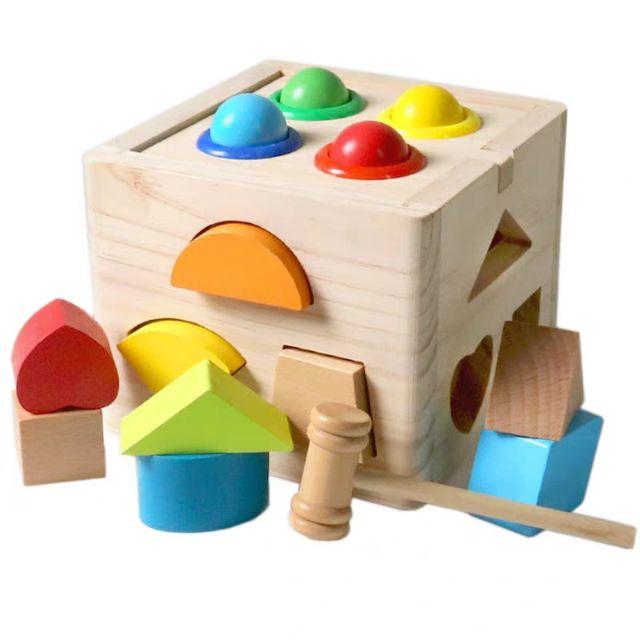 Đồ Chơi Gỗ Montessori Hộp Thả Hình Đập Bóng Hình Khối &amp; Màu Sắc Cho Bé