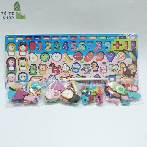 Bảng gỗ đa năng 5 trong 1, Bảng gỗ câu cá đa chức năng 63 chi tiết, đồ chơi gỗ thông minh học ghép chữ,số,phương tiện