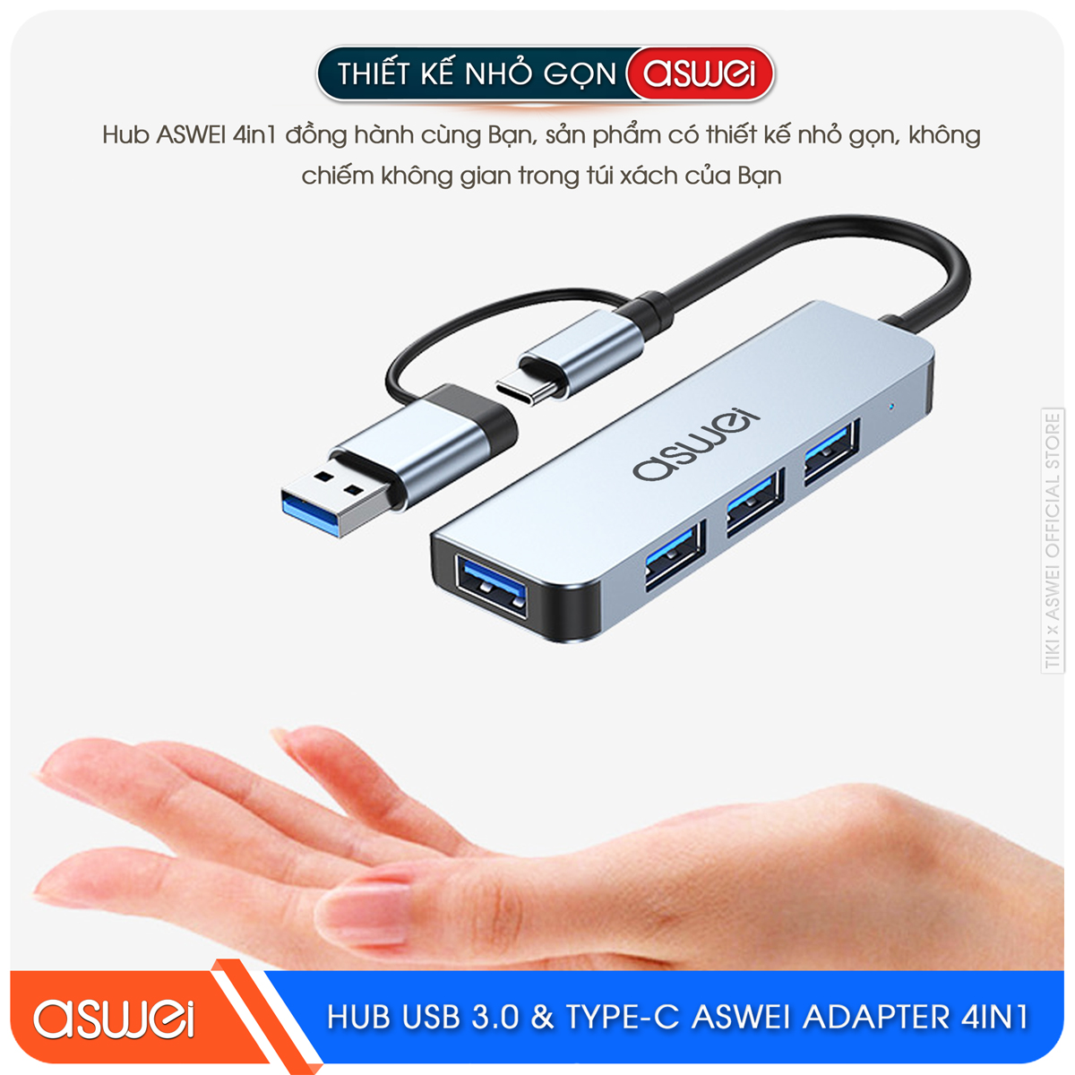 Hub USB 3.0 Và Hub Type C ASWEI 4 in 1 To 4 USB 3.0 - Hàng Chính Hãng