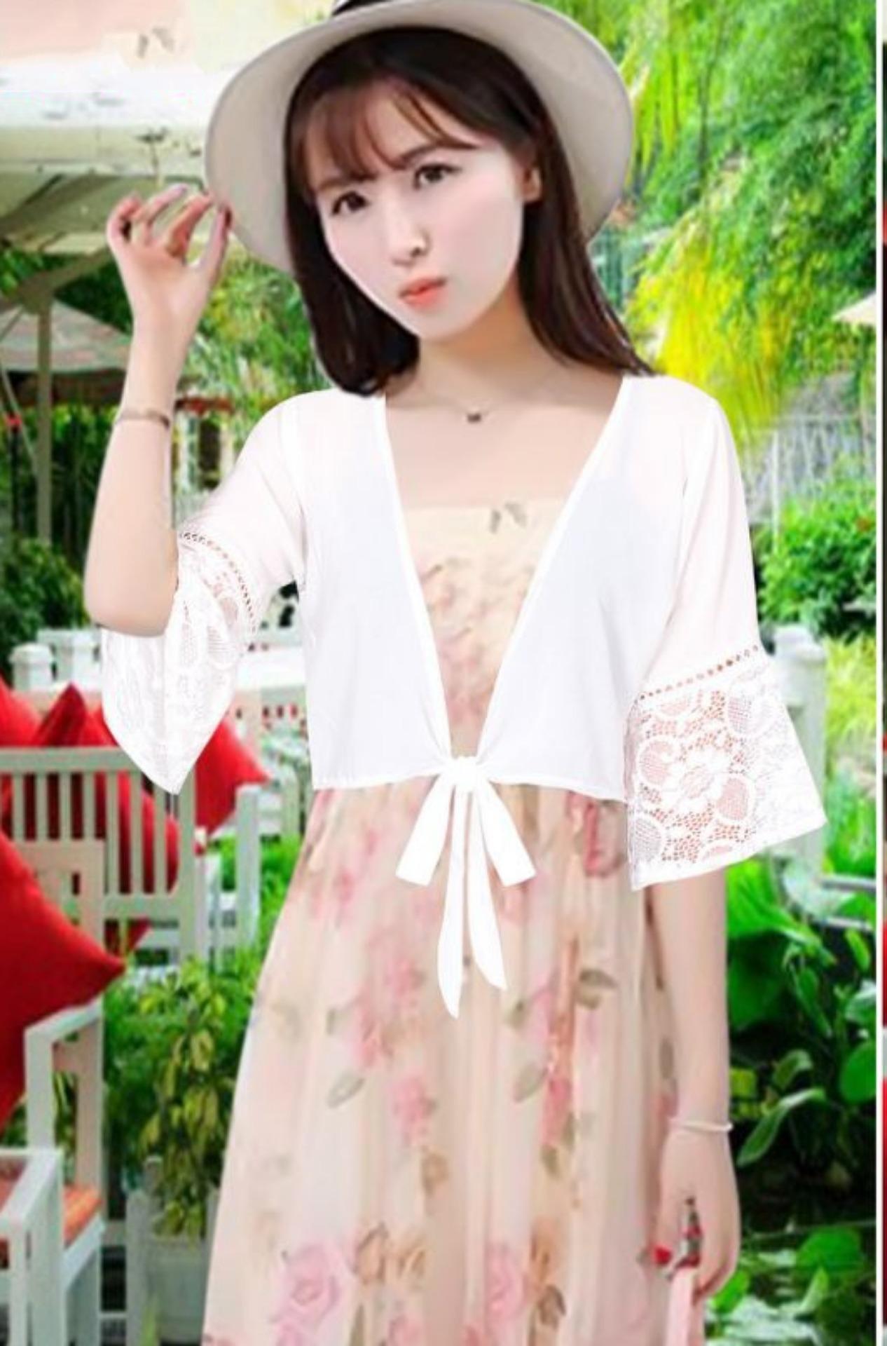 Aó khoác chifon cột eo phối tay ren