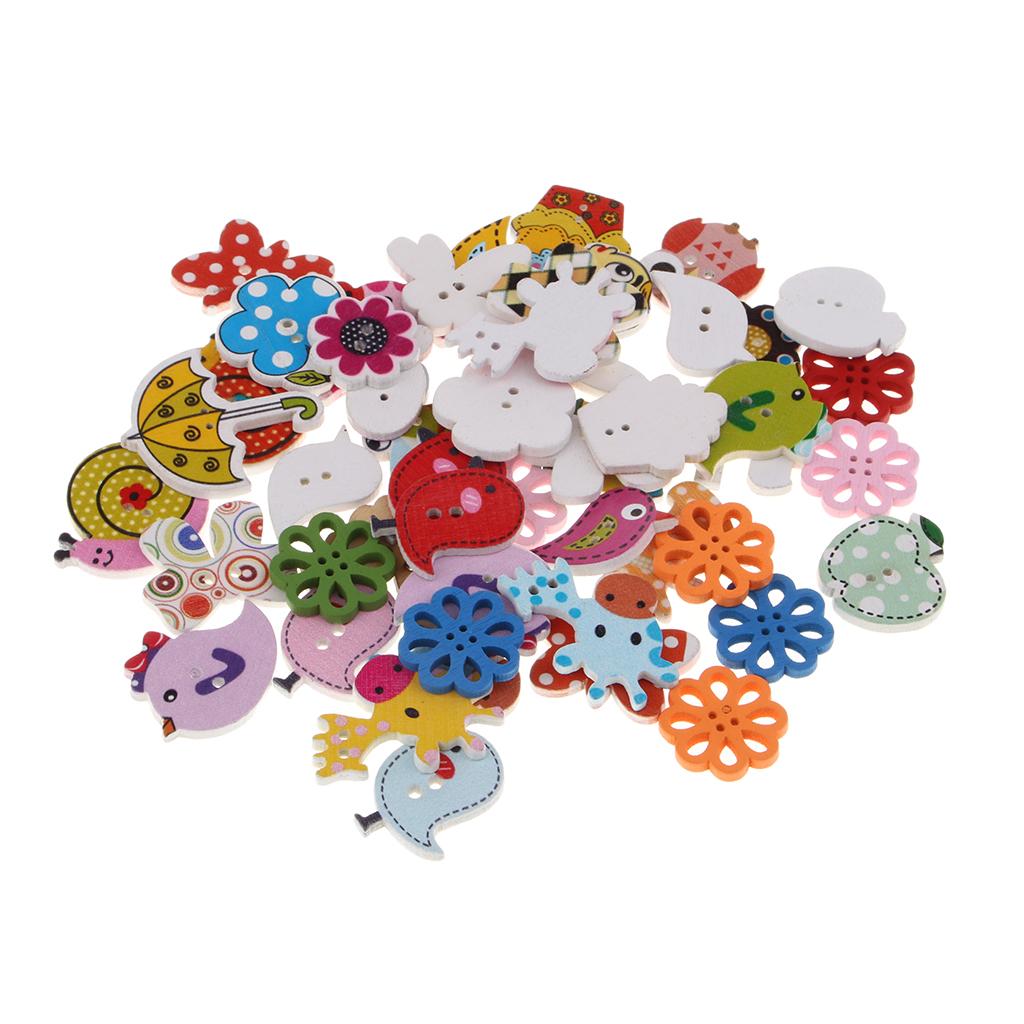 Gói 50 Chiếc Hoạt Hình Nút Gỗ May Tôn Dáng Thêu Sò Tự Làm