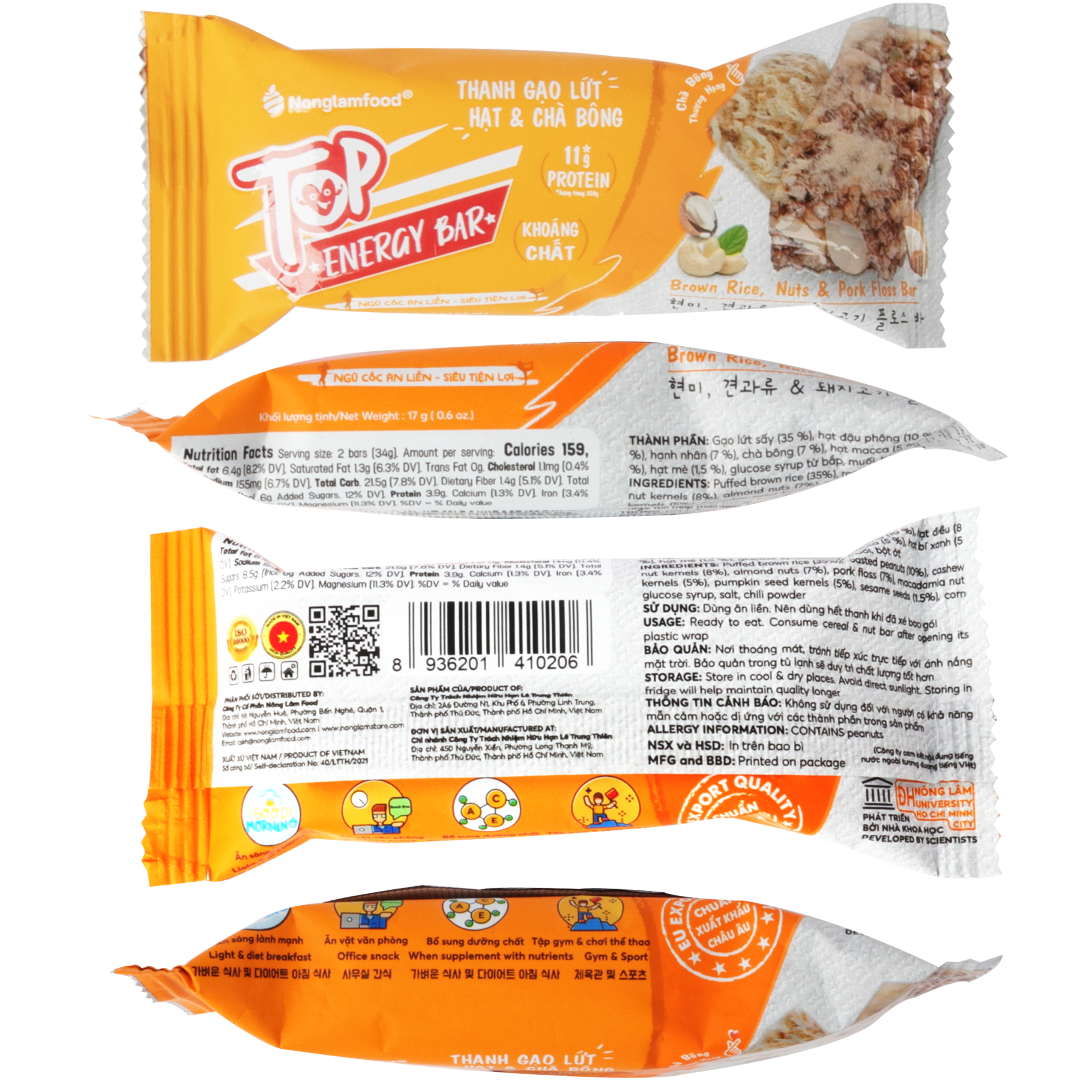 Thanh gạo lứt ngũ cốc Nonglamfood Hạt và Chà Bông Energy Bar Hộp16 Thanh - Bánh ăn kiêng dinh dưỡng thay thế bữa ăn sáng - Ngon chuẩn dưỡng chất - Hỗ trợ giảm cân