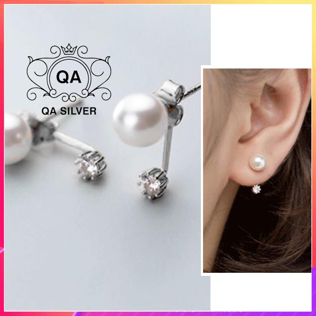 Khuyên tai bạc 925 ngọc trai giả bông trước sau nụ đá S925 PEARL Front-back Silver Earrings QA SILVER EA211101