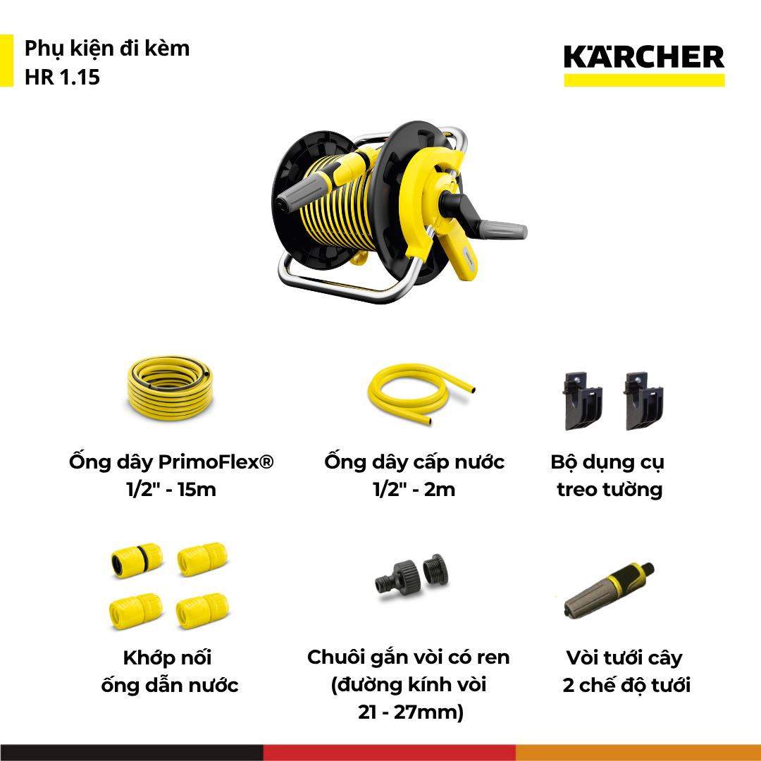 (Mới 2025) Bộ rulo guồng dây tích hợp vòi tưới cây Karcher 15m HR 1.15 - Ống dây 3 lớp cao cấp - Đi kèm dây cấp nước 2m - Hàng Chính hãng