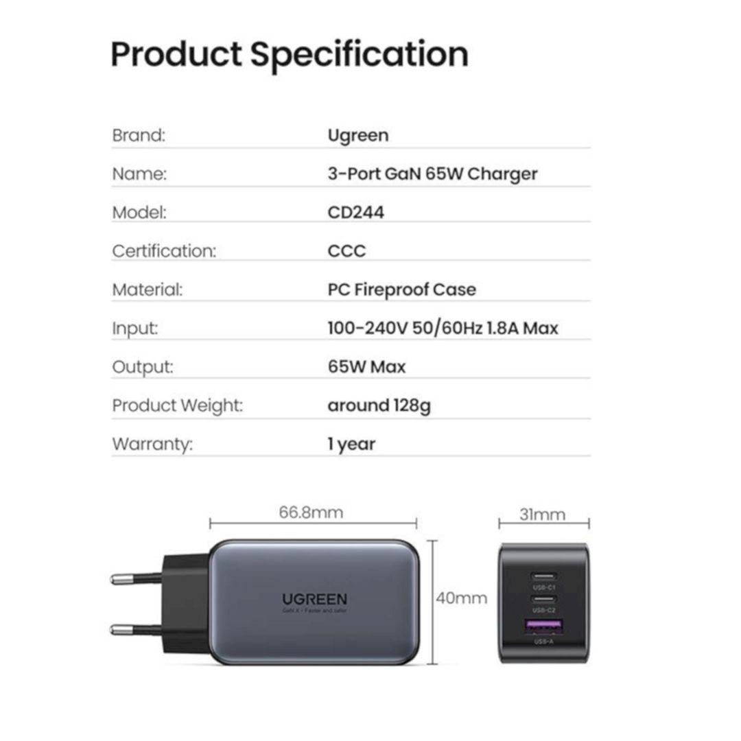 Ugreen UG10335CD244TK 65W 2Port Màu Đen Bộ sạc nhanh PD3.0 GaN sạc siêu nhanh 2 cổng USB-C chân cắm EU - HÀNG CHÍNH HÃNG