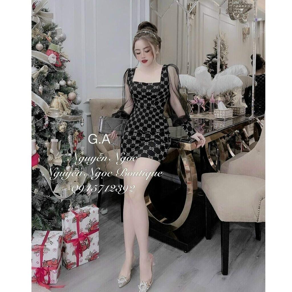 Đầm body cổ vuông hoạ tiết phối tay lưới xịn xò