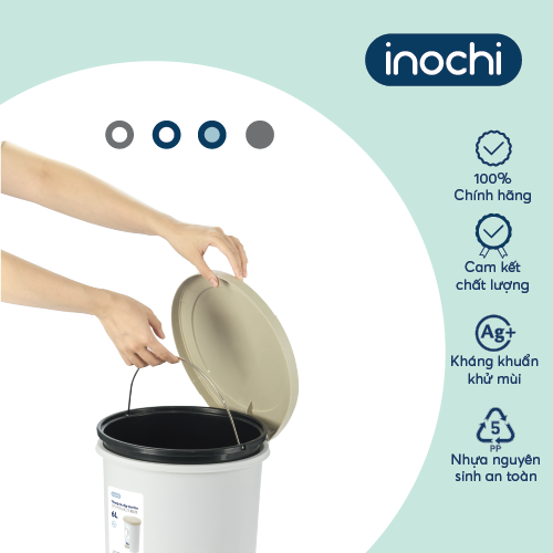 Thùng rác đạp tròn Inochi - Hiro 6L( kèm ruột) Thân Ghi sữa+ Nắp Ghi sữa/Xanh nhật