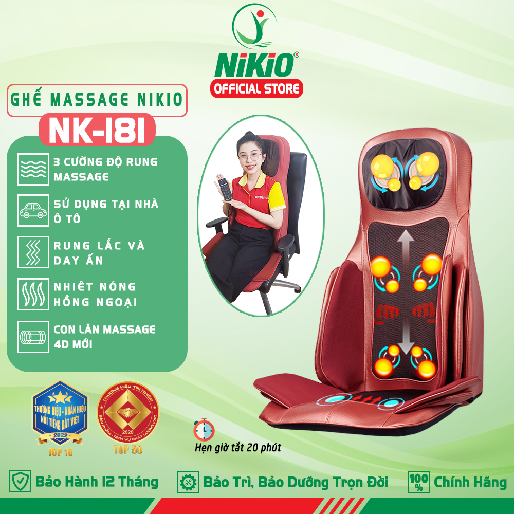 Ghế (Đệm) Massage Toàn Thân Nikio NK-181 - Máy Mát Xa Lưng, Cổ Vai Gáy, Con Lăn 3D Xoa Bóp Chuyên Sâu, Kết Hợp Hồng Ngoại, Rung Và Nhiệt Giúp Cơ Thể Thư giãn, Giảm Căng Thẳng - Màu đỏ