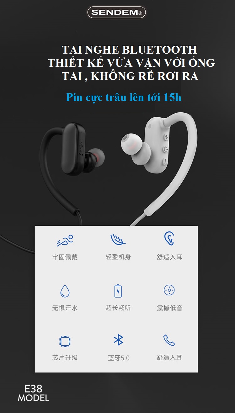 Tai Nghe thể thao kim loại Bluetooth SENDEM E38 - chống nước - pin trâu - Hàng chính hãng