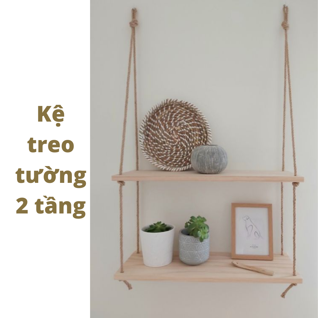Kệ treo tường gỗ thông 2 tầng kèm dây cối và đinh 3 chấu gắn tường