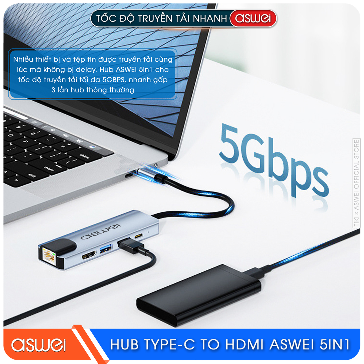 Hub Type C ASWEI 5 in 1 To HDMI, USB 3.0, Lan RJ45, PD 100W - Hàng Chính Hãng