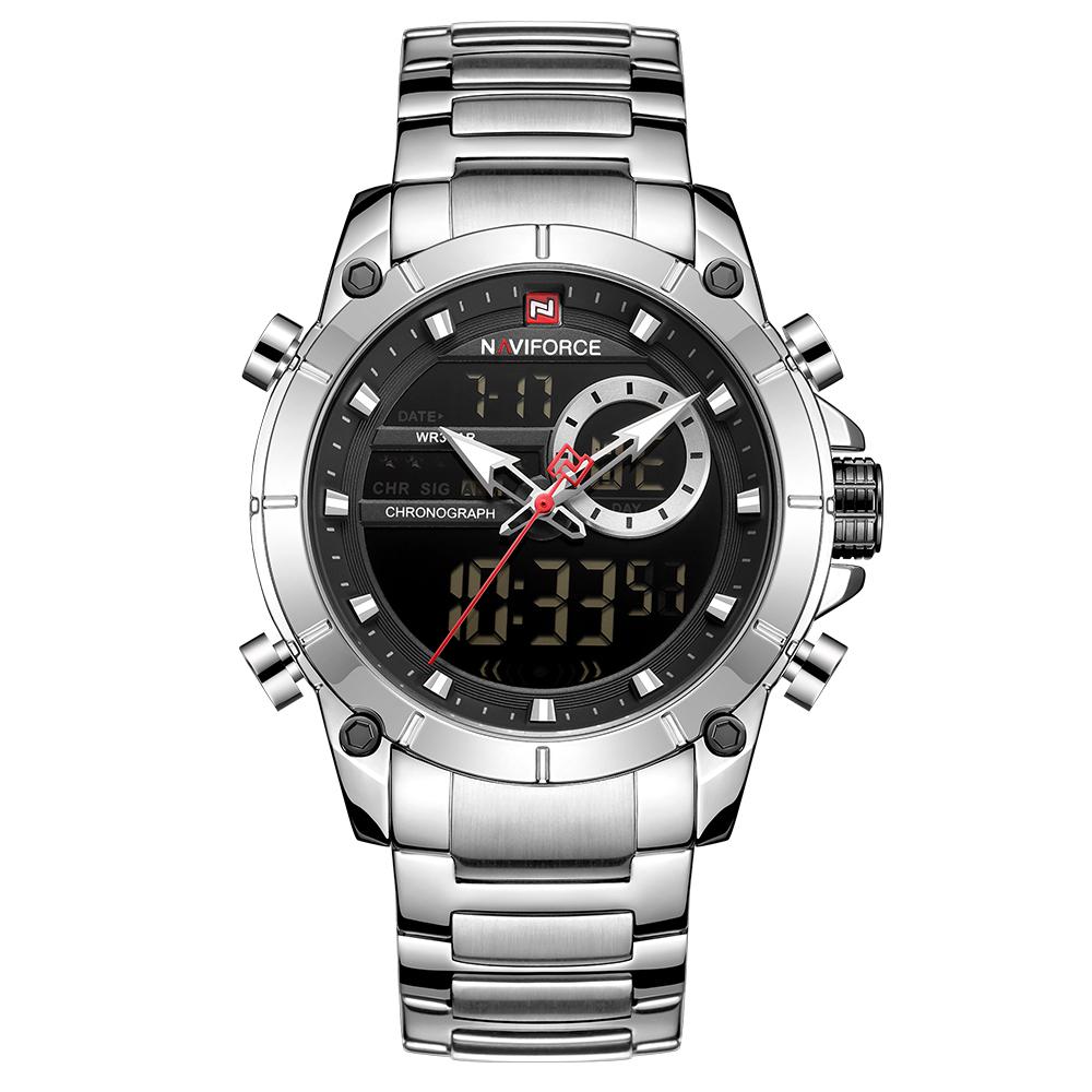 Đồng hồ đeo tay điện tử chuyên nghiệp Chống nước 3ATM Giờ GMT Đa chức năng NAVIFORCE Dây đeo bằng thép không gỉ 