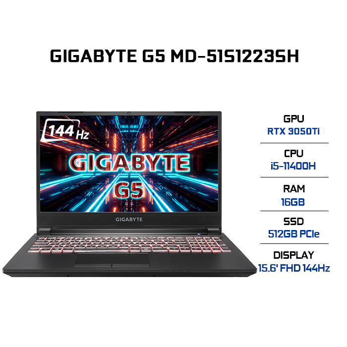 Laptop Gigabyte G5 MD-51S1123SH (Core i5-11400H/ 16GB (8x2) DDR4 3200MHz/ 512GB SSD M.2 PCIE G3X4/ RTX 3050Ti 4GB GDDR6/ 15.6 FHD IPS, 144Hz, 3ms/ Win10) - Hàng Chính Hãng