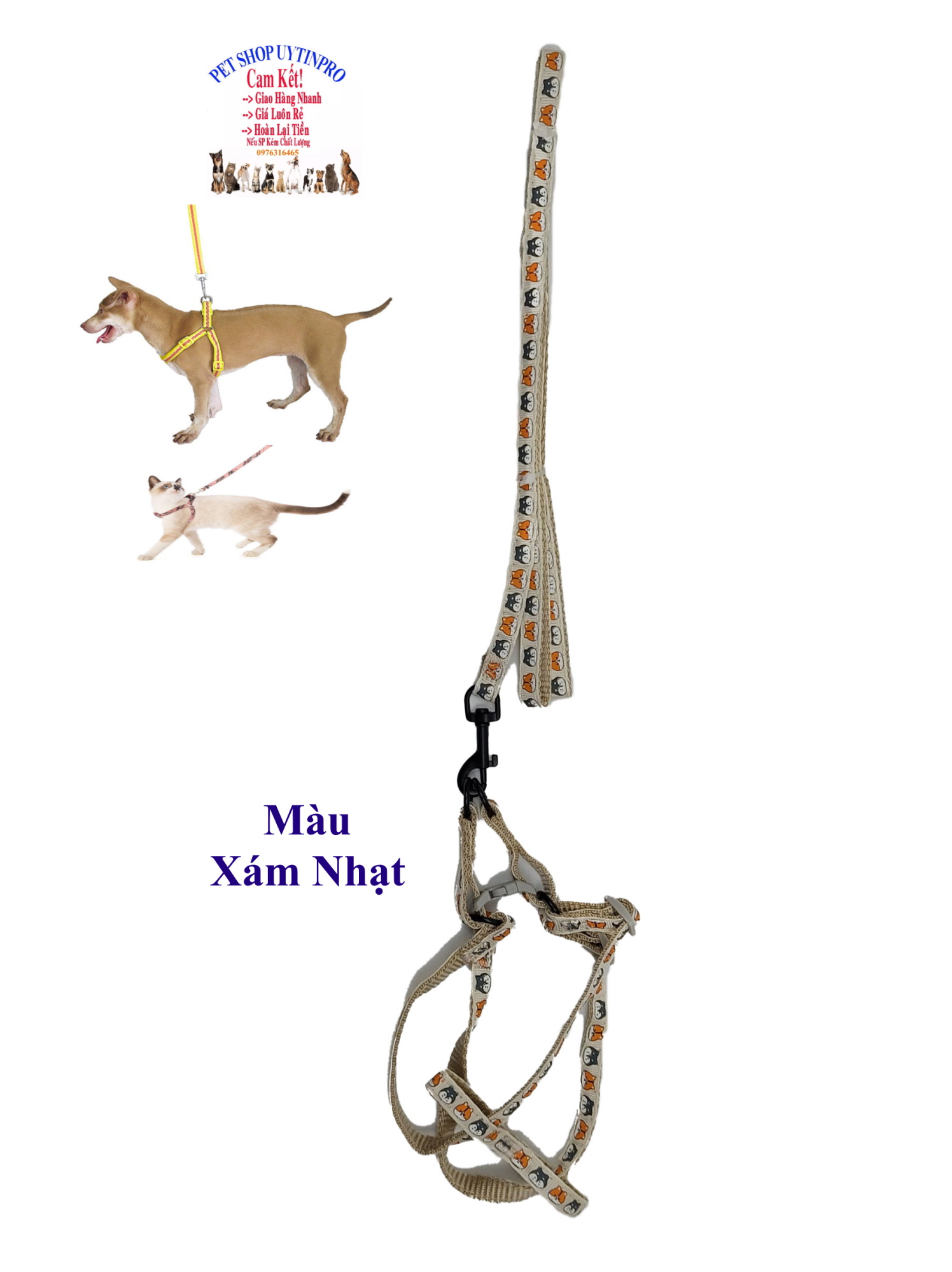 Dây dắt kèm yếm cho Chó Mèo Từ 1kg đến 5kg Bản rộng 1cm In HÌNH ĐẦU THÚ Chất liệu dù Chắc chắn, Yếm có thể điều chỉnh