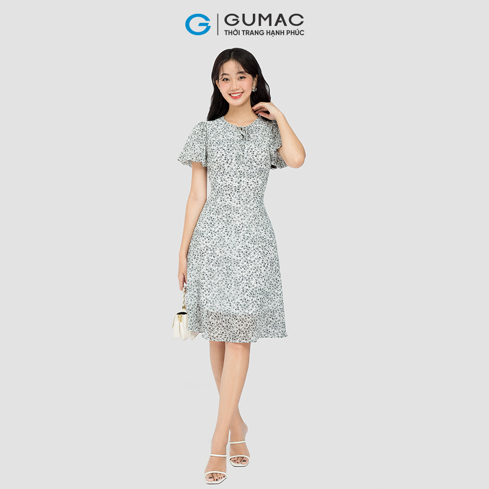Đầm hoa nơ cổ GUMAC DC08107 - DD05083 đầm A 2 lớp cổ viền tròn sẻ V vải voan