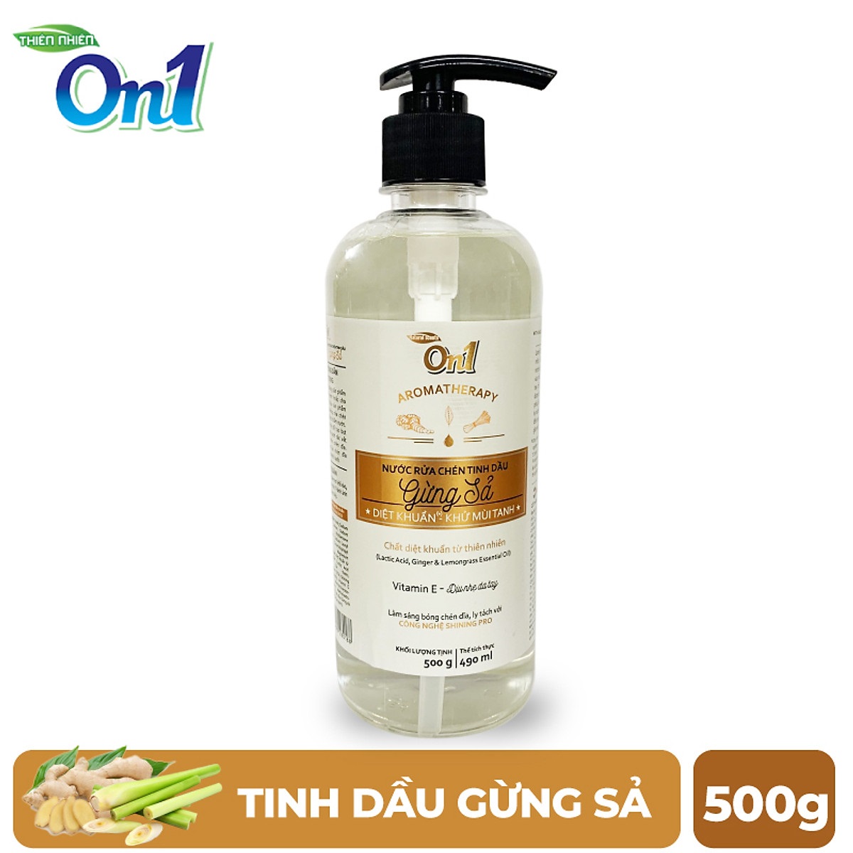 Nước rửa chén On1 tinh dầu hương gừng sả dung tích 500g N5502 - Sạch bóng vết dầu mỡ - Bảo vệ da tay