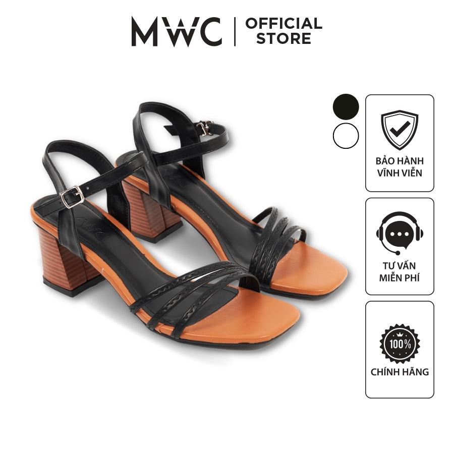 Giày Cao Gót MWC 4382 - Giày Sandal Cao Gót 5P Quai Ngang Mảnh Viền Chỉ Phối Quai Hậu Gót Vuông Vân Gỗ 5cm Thời Trang