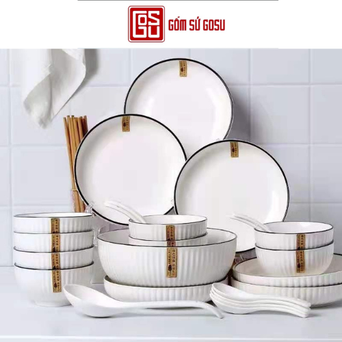 BỘ BÁT ĐĨA GỐM SỨ CAO CẤP TRẮNG VIỀN ĐEN SANG TRỌNG