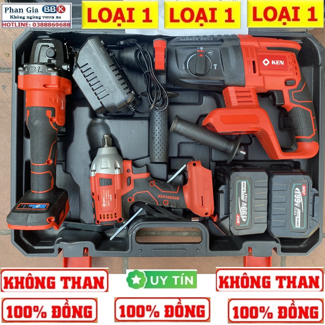 Bộ Combo 3 Trong 1 Gồm Máy Siết Bulong, Máy Mài Cầm Tay Và Máy Khoan Đục Bê Tông Dùng Pin 199V, 2 Pin 15 Cell