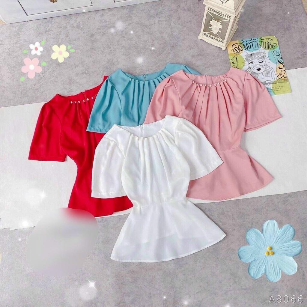 [L2M] Áo sơ mi kiểu nữ peplum CỔ XẾP LY ĐÍNH NGỌC có chun lưng giấu bụng hiệu quả