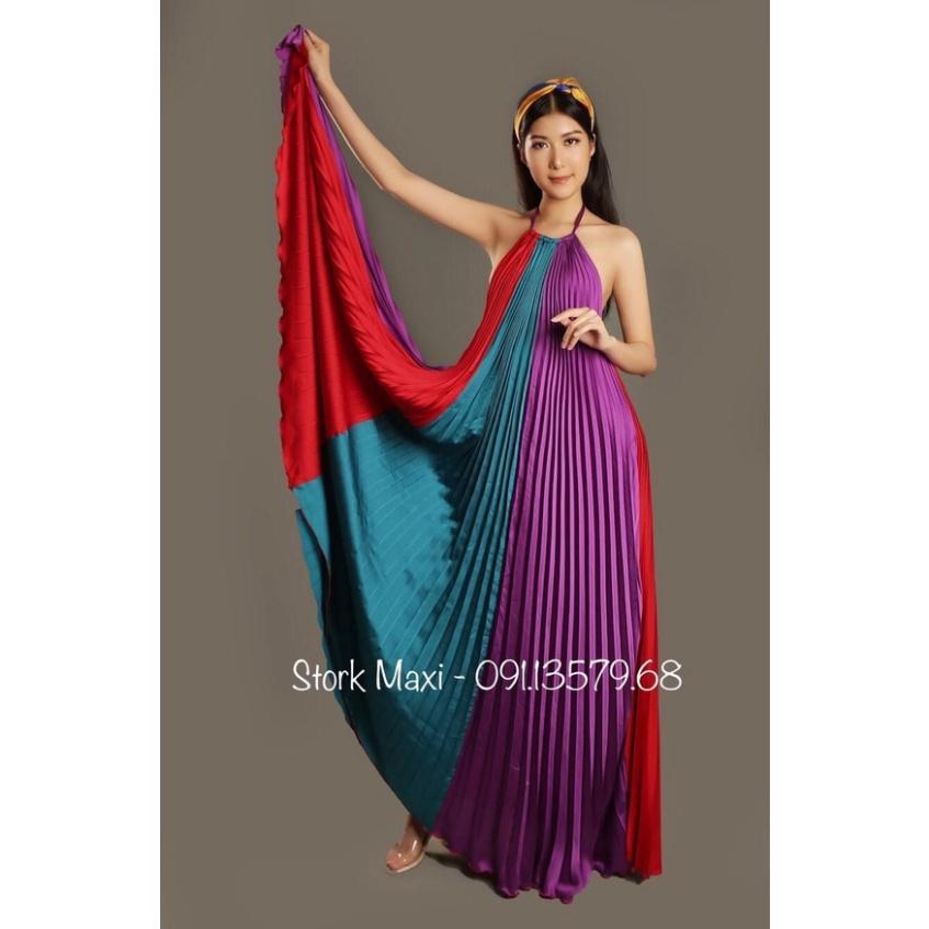 Đầm váy maxi phi dập ly cổ yếm hở lưng suông dài loang màu Ivy.fashion đi biển dự tiệc dạo phố bigsize gợi cảm sexy