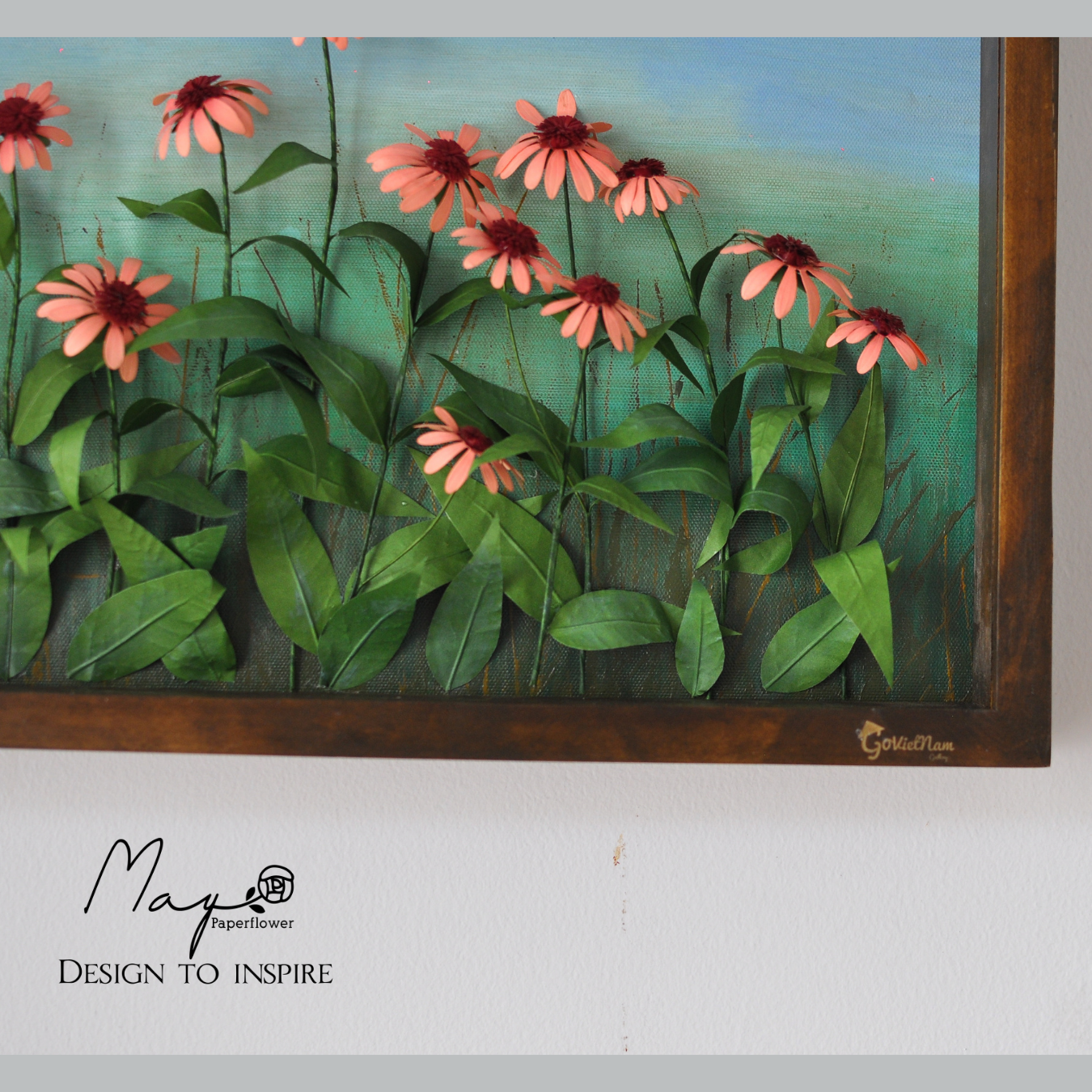Tranh hoa giấy handmade trang trí cao cấp FLOWER FIELD Echinacea 40x40cm - Maypaperflower Hoa giấy nghệ thuật