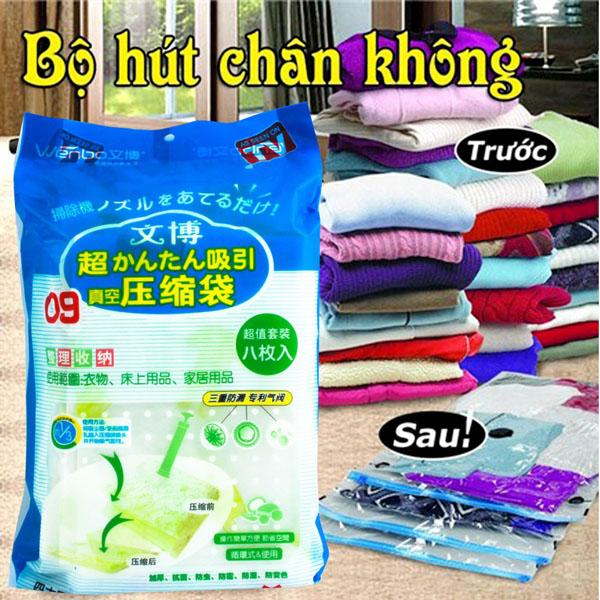 Bộ 8 Túi Hút Chân Không Đựng Quần Áo, Chăn Màn Kèm Bơm + Tặng Thẻ Gấp ATM