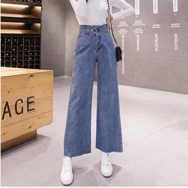 Quần jean ống rộng lưng cao khoen cài, hình thật ảnh sàn