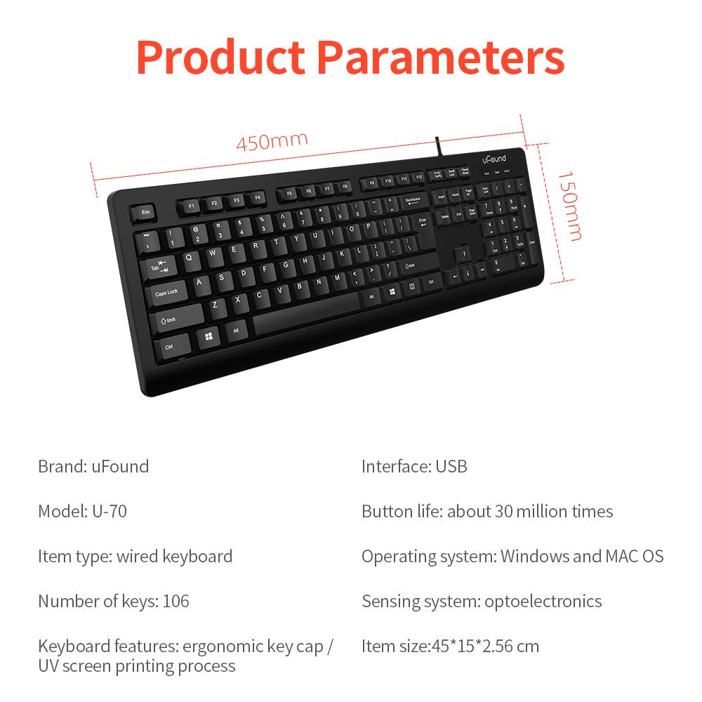106 phím Bàn phím uFound U-70 hỗ trợ USB decibel thấp cho nhà / Văn phòng