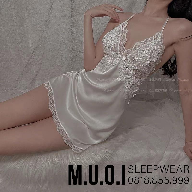 Váy ngủ sexy QUẢNG CHÂU-SX 43-Váy ngủ lua phối ren ngực nơ đan dây sexy QUẢNG CHÂU - hàng có sẵn(video+ ảnh