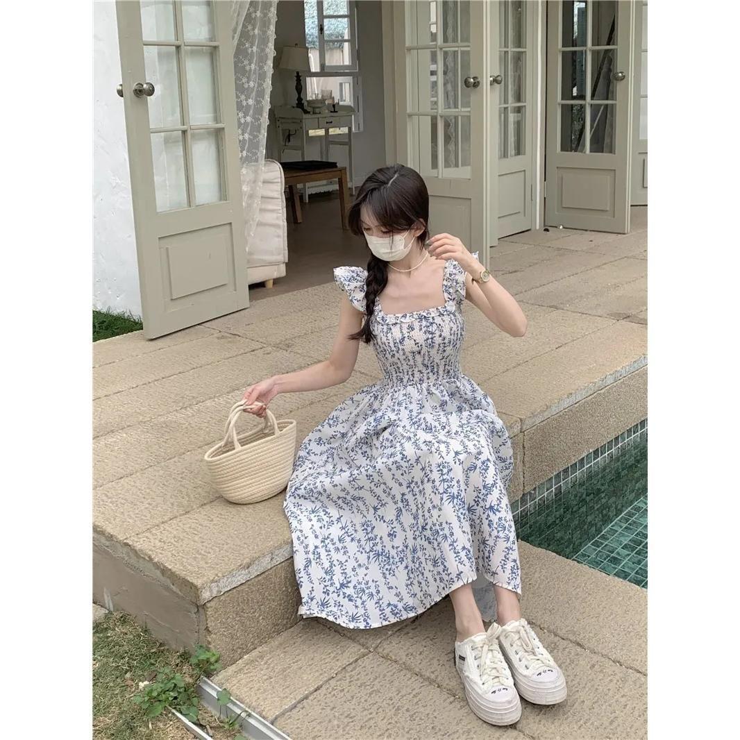 TOBE1SHOP Pháp cổ vuông hoa thời trang đầm phụ nữ 2023 mùa hè ngọt ngào thắt lưng hiển thị gầy bay tay áo váy