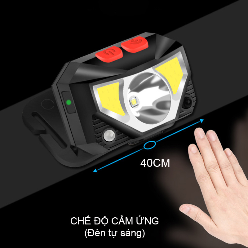 Đèn pin led đội đầu cảm ứng T069, 3 bóng led - pin sạc gắn bên trong