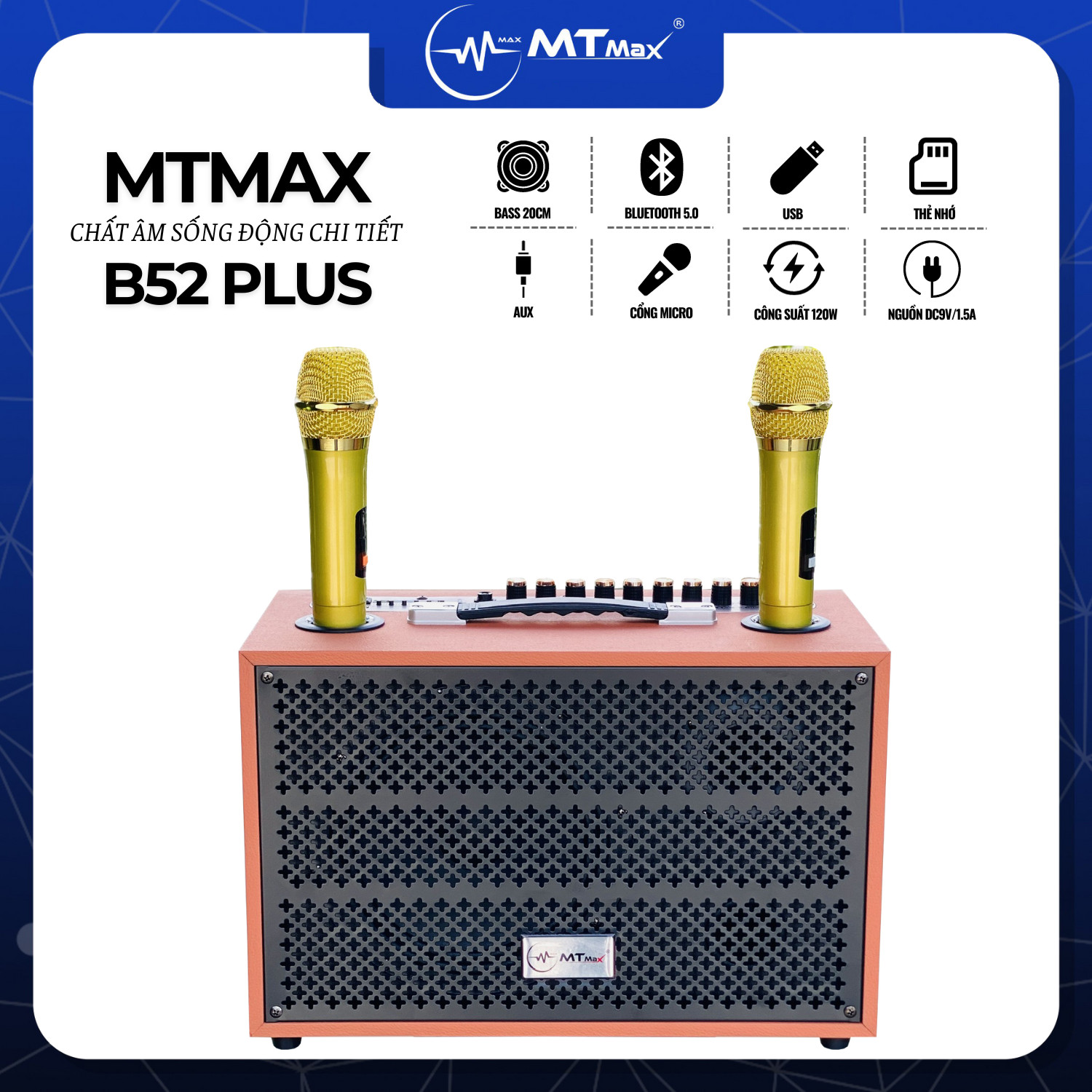 Loa Di Động Karaoke 10 Nút MTMAX B52Plus, Bass 20 Âm Thanh Trung Thực Đa Dạng Kết Nối BT, AUX, USB, TF Hàng chính hãng