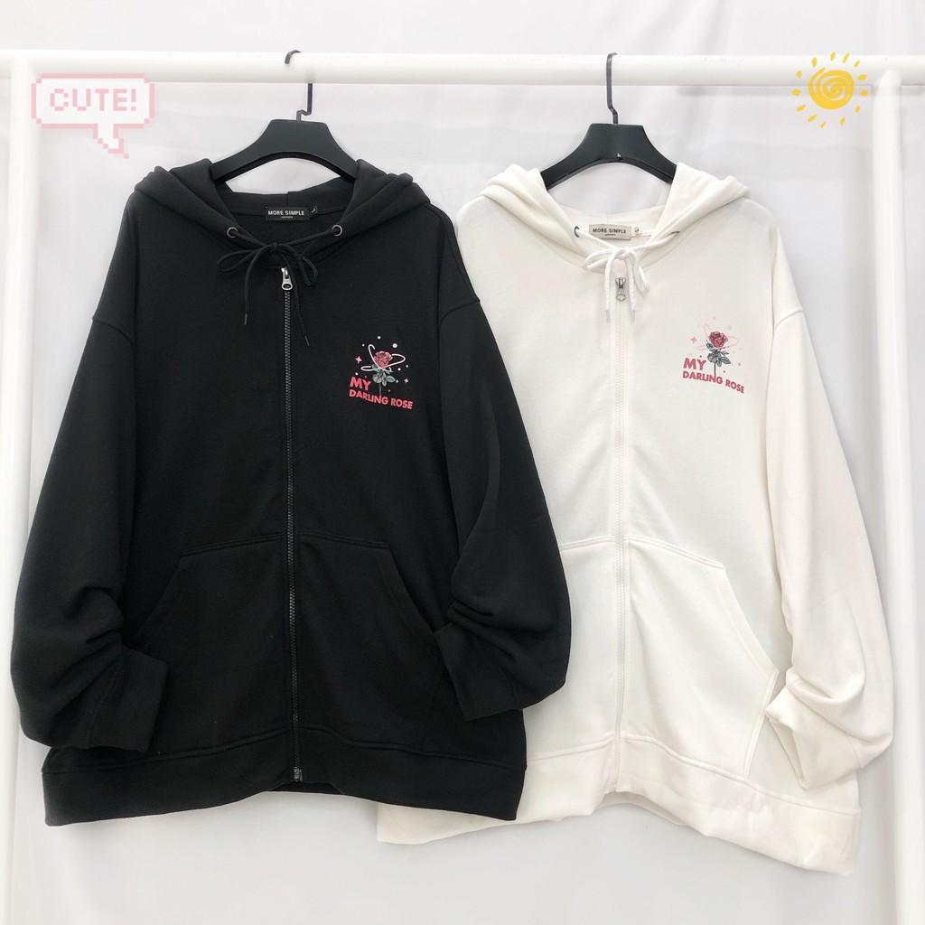 Áo Khoác Nỉ Bông PLANET ROSE Phối Dây Kéo Form Rộng Ulzzang