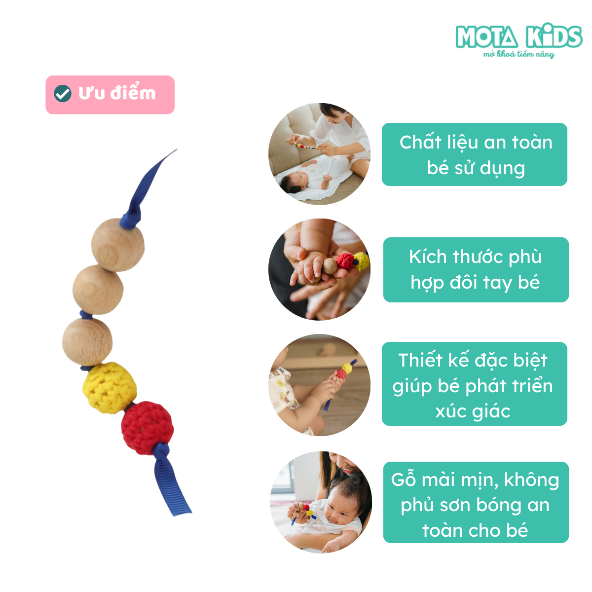 Đồ chơi chuỗi hạt giác quan cho bé 3-6 tháng Montessori Mota - Hỗ trợ phát triển vận động - Hàng chính hãng