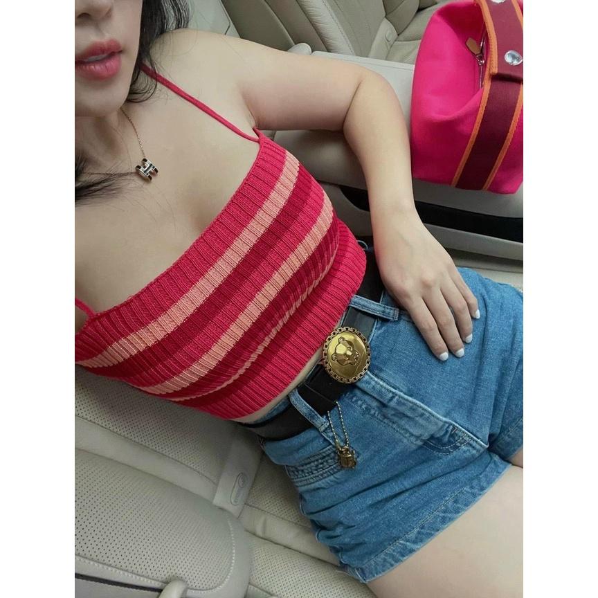 Áo len 2 dây croptop kẻ sắc màu