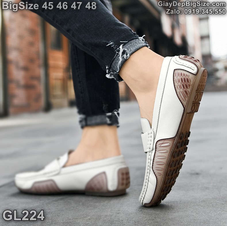 Giày mọi xỏ da thật, giày lười cỡ lớn 45 46 47 48 cho nam cao to chân ú bè. Big size slip-on shoes for wide feet - GL224