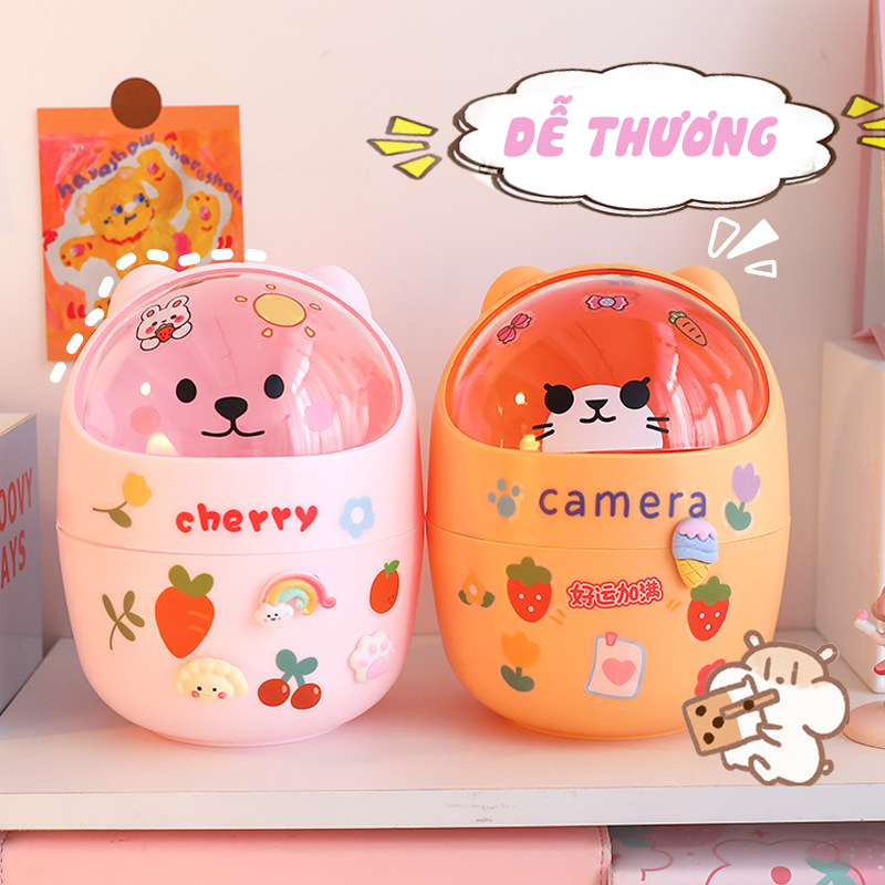 Hộp Đựng Bút Xinh Xắn Nắp Hình Gấu Cute, Thùng Rác Mini Trang Trí Decor, Tặng bộ sticker đi kèm