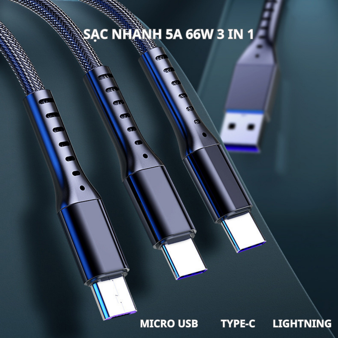 Cáp Sạc Nhanh 5A 66W 3 Trong 1 Chiều Dài 1,2m (3 in 1) Dây Bọc Dù Siêu Bền Chống Đứt Gãy - Hàng Chính Hãng Tamayoko