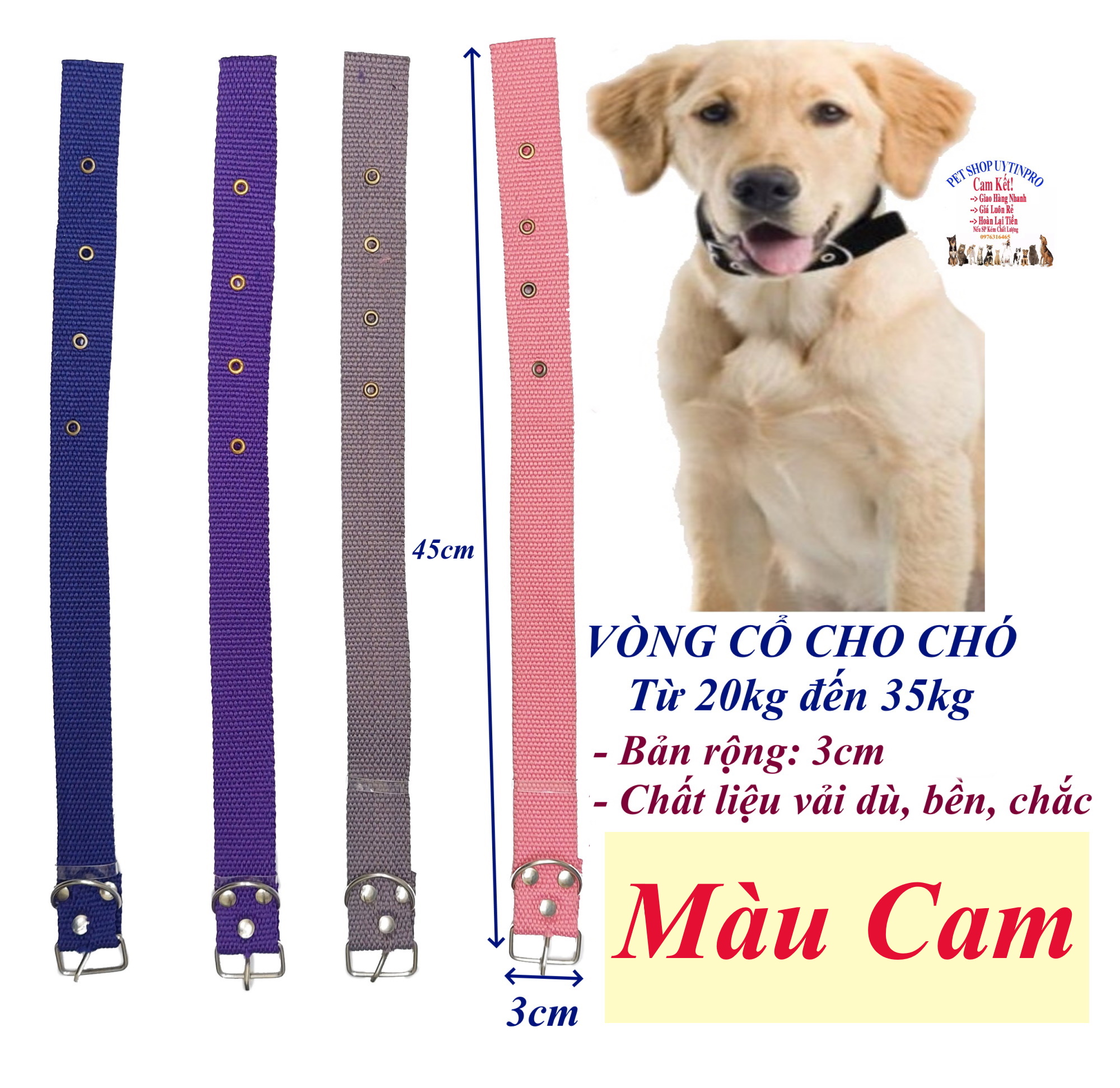 Vòng cổ cho Chó từ 20kg đến 35kg Bản rộng 3cm Chất liệu vải dù dày bền chắc, Có gài điều chỉnh, An toàn cho thú cưng