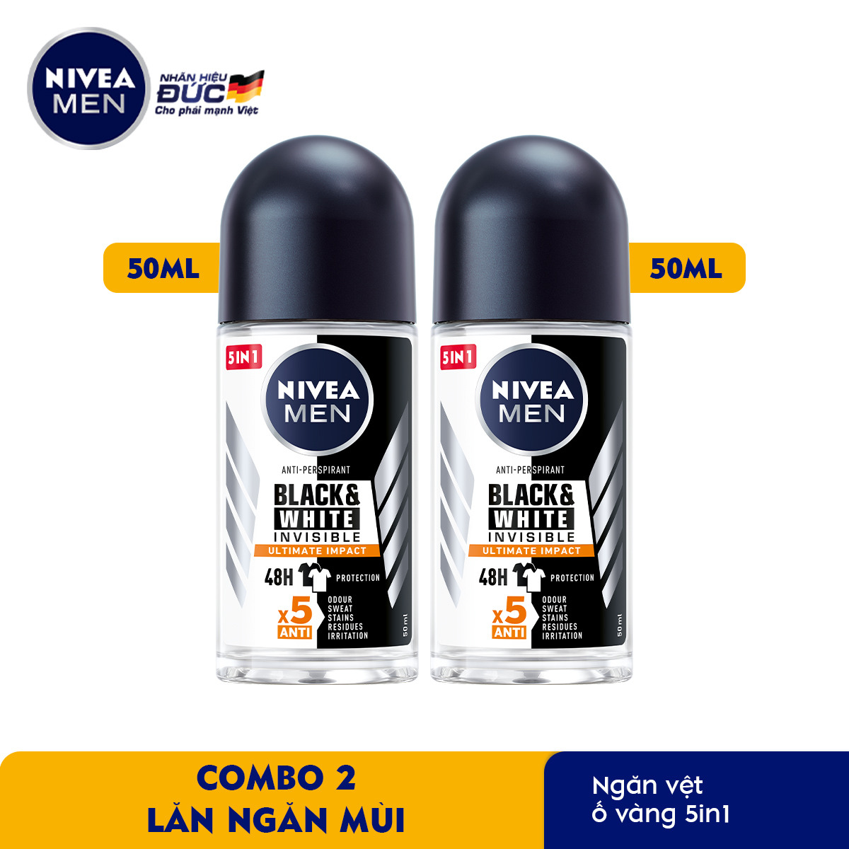 Combo 2 Lăn Ngăn Mùi NIVEA MEN Black &amp; White Ngăn Vệt Ố Vàng Vượt Trội 5in1 (50ml) - 85392