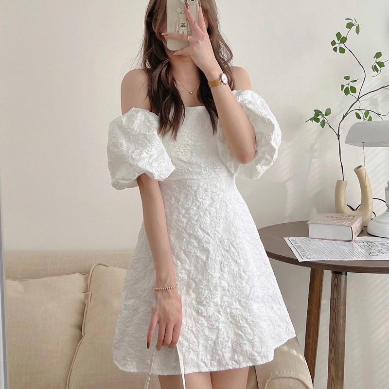 Váy Trễ Vai Xốp Phồng Quảng Châu 2 Màu Đen Trắng, Đầm Dự Tiệc Tiểu Thư Xinh Xắn
