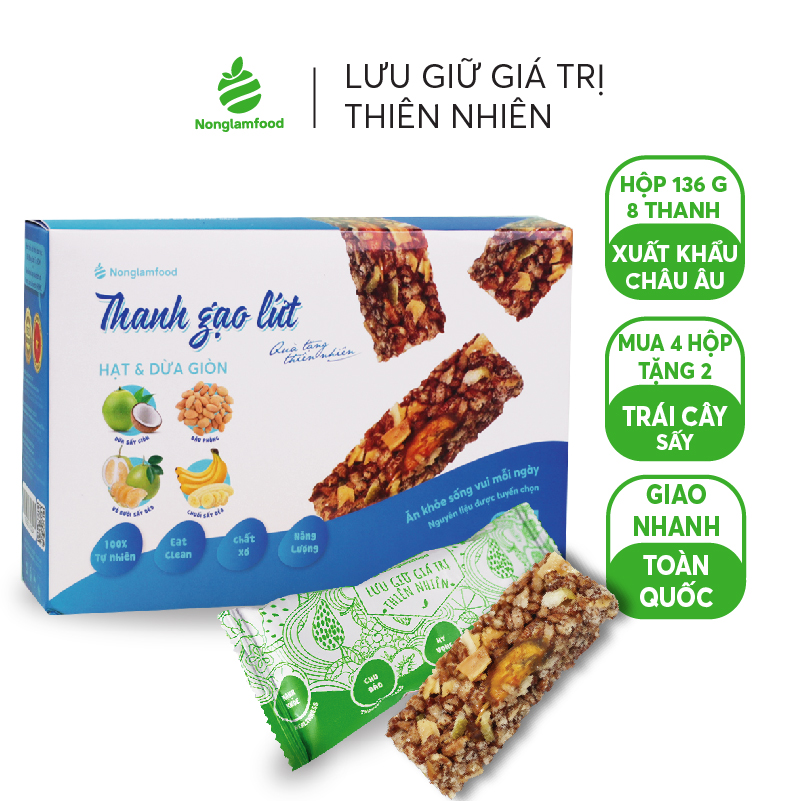 Thanh gạo lứt Hạt &amp; Dừa Giòn Nonglamfood hộp 8 thanh 136g | Combo 4 hộp tặng kèm 2 túi trái cây sấy/hạt 45g | Chay mặn đều dùng được | Eat Clean