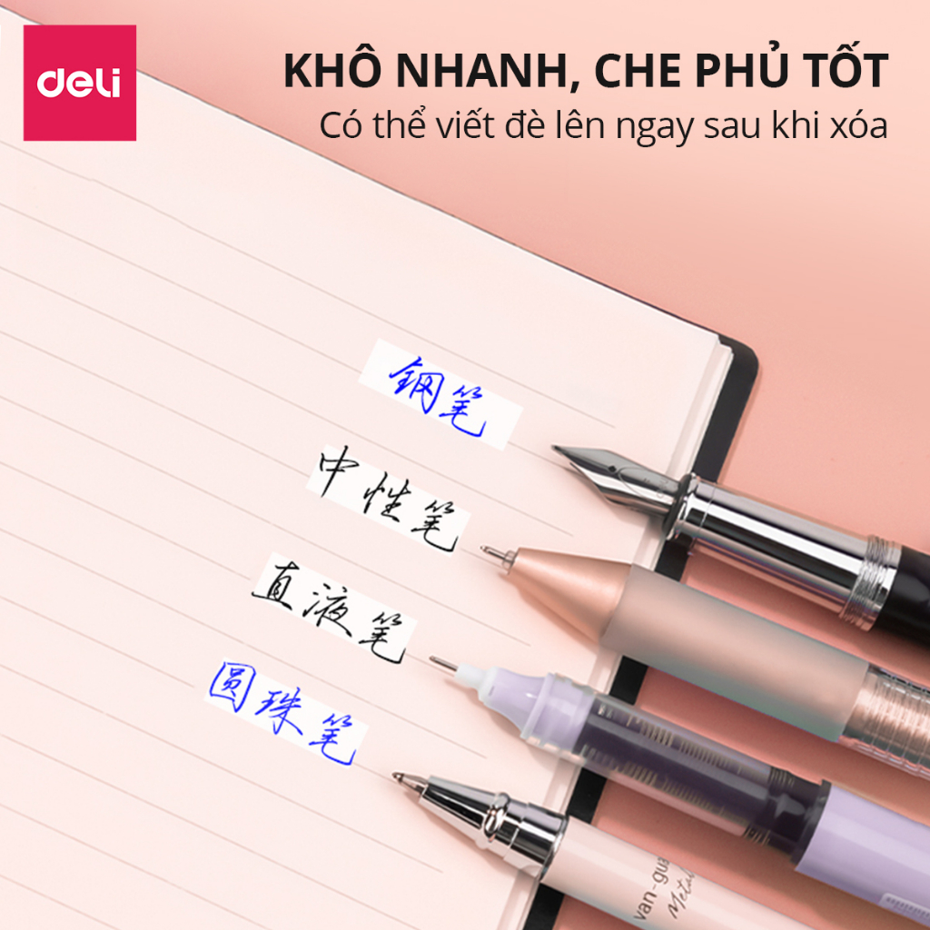 Bút Xóa Băng 12M Không Tiếng Ồn Deli - Che Phủ Tốt Khô Nhanh, Viết Đè Lên Ngay Sau Khi Xóa - Băng kéo học sinh văn phòng