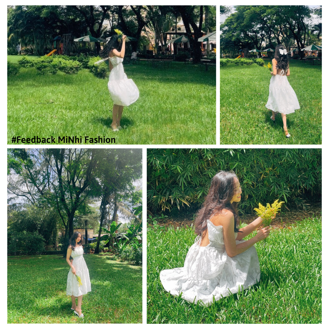 Đầm maxi 2 dây trắng hở lưng đi biển MiNhi thiết kế nữ tính dáng xòe dài qua gối, vải dày dặn 2 lớp